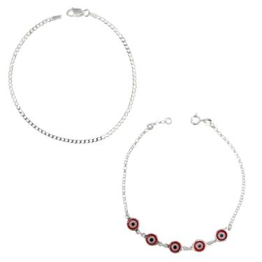 Imagem de Conjunto Pulseiras Casal Grumet Masculina e Feminina Olho Grego Vermelho Prata Hipoalergênica