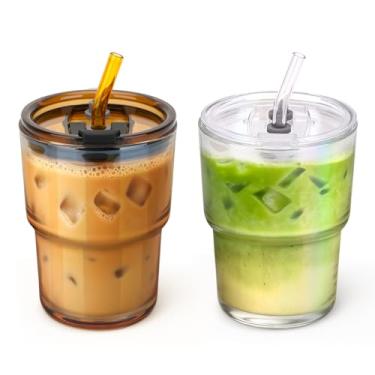Imagem de Cafezi Copo de vidro de 368 g com canudo de vidro e tampa, copo de viagem reutilizável à prova de vazamento para café gelado, chá, matcha, suco de frutas – garrafa de água transparente de parede