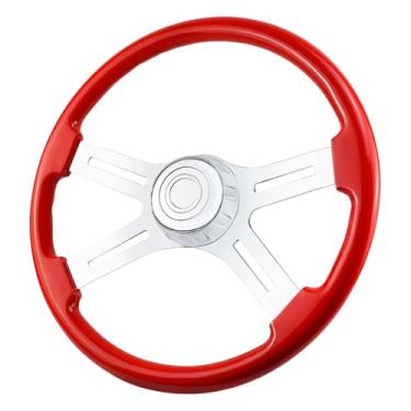 Imagem de QYMOPAY Volante De Caminhão De Laqueação De Madeira Maciça De 18" Com 4 Raios, Volante Cromado De Alumínio Para Semirreboques, Caminhões Para Kenworth, Peterbilt, Volvo, Freightliner (Vermelho)