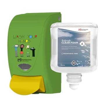 Imagem de SC Johnson Professional Dispensador de espuma transparente e kit iniciante de recarga, dispensador infantil de sabão de parede para sabonete para as mãos, 1 sabonete de espuma transparente, cartucho