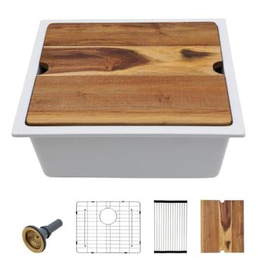 Imagem de Fulorni 53 cm x 45 cm Undermount Wet Bar Sink Workstation - Quartzo composto de granito branco clássico tigela única sob o balcão pequena pia