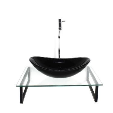 Imagem de Kit Cuba Vidro Oval 10Mm Preta Tampo 50Cm Incolor E Suporte