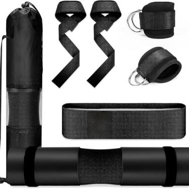 Imagem de oshhni Conjunto de mantas para agachamento com barra, tiras de tornozelo com bolsa de transporte com faixa de resistência, almofada protetora para ombro e, Preto