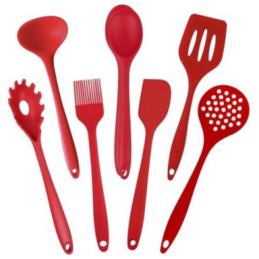 Imagem de Kit Conjunto 07 Peças de Talheres Silicone Vermelho Utensilio Para Cozinha