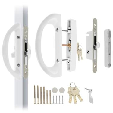 Imagem de Conjunto de maçanetas deslizantes de porta de pátio com chave com trava de encaixe de cilindro de chave, deslocamento de miniatura, trava de alça de vidro de substituição, chaveta de 45°, cabe em
