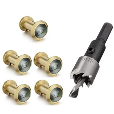Imagem de TOGU 5 peças de furos de latão sólido de 220 graus para porta com broca de 16 mm, olho mágico de porta de 1,6 cm com privacidade, compatível com porta grossa de 3,5 cm a 6,5 cm, acabamento dourado