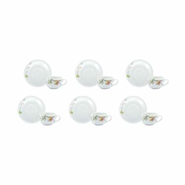 Imagem de Estojo com 6 Xícaras de de Café com Pires. Modelo Redondo Voyage. Decoração Carmem. Porcelana Real by Porcelana Schmidt.