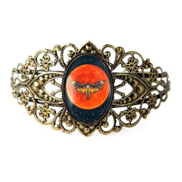 Imagem de Pulseira vitoriana com cabeça da morte, design de lua de sangue celestial, metal filigrana, ajustável 16,5 polegadas, acabamento antigo - 155-CB, Adjustable, Vidro, Sem Pedra Preciosa