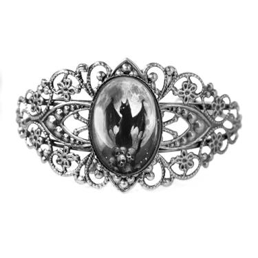 Imagem de Pulseira de filigrana de gato preto alado - Gótico Horror Halloween lua cheia, bronze antigo prata ou preto, joia de vidro vintage estilo vitoriano feito à mão - 930-CB, Adjustable, Vidro, Sem Pedra