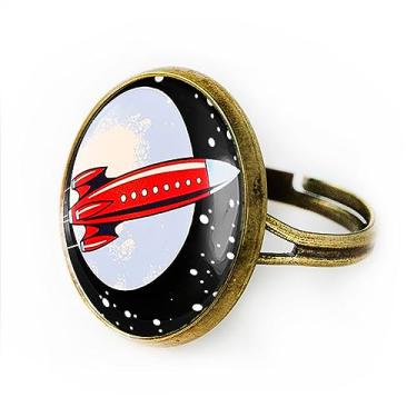 Imagem de Anel de foguete - Anel artesanal de fantasia de nave espacial de brinquedo vintage, Vidro, Sem pedra preciosa