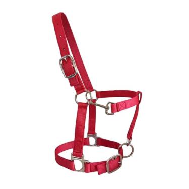 Imagem de ALLZSMOOTHLY Cabresto de cavalo de nylon macio resistente, acolchoado e ajustável, cabides de gancho de pressão para queixo e garganta para cavalos, fivela de metal resistente - vermelho