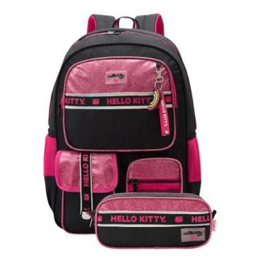 Imagem de Mochila De Costas Escolar Juvenil Com Chaveiro + Estojo Hello Kitty e 