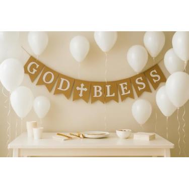 Imagem de Shimmer Anna Shine Burlap God Bless Banner for Baby Girl Boy Baptism Decorations Christening First Communion Confirmation Baby Shower Wedding Birthday Party Photo Props (White Print)