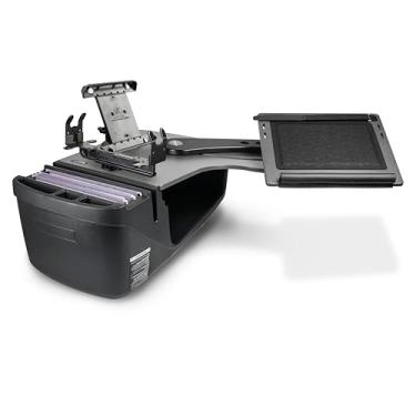 Imagem de AutoExec Alcance o banco traseiro da mesa lado esquerdo para a estação de trabalho do seu veículo e escritório móvel, cinza, com suporte de impressora e suporte para tablet