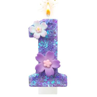 Imagem de Vela de aniversário de flor roxa, número 1 de velas de aniversário para bolo, 1 vela para primeiro aniversário, decoração de bolo, aniversário de casamento e outras celebrações (roxo 1)