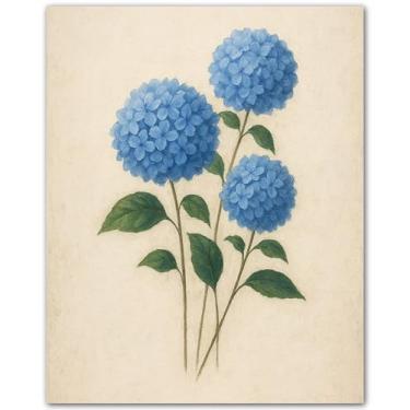 Imagem de Trio de parede botânica de hortênsia azul - conjunto de pôster floral sem moldura 20 x 25 cm - impressões botânicas emolduradas - arte de parede azul e verde - arte de parede botânica para sala de