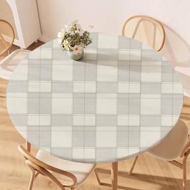 Imagem de viaowan Toalha de mesa redonda xadrez com borda elástica – lavável, antiderrapante, sem rugas para mesas redondas de 109 a 122 cm