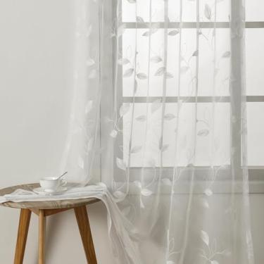 Imagem de VOGOL Cortinas transparentes de folha retrô para janela pequena, cortina de voile com padrão botânico de videira estilo country para sala de jantar, cortinas de bolso de haste fáceis de pendurar para