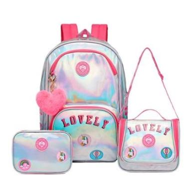 Imagem de Kit Mochila Escolar Juvenil Holográfica Lancheira Estojo 15 Litros-Feminino