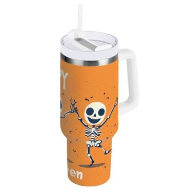 Imagem de STAYTOP Copo de caveira Happy Halloween de 1,134 g com tampa e canudo, copo isolado de aço inoxidável durável à prova de vazamento com alça, garrafas de água à prova de derramamento para viagens