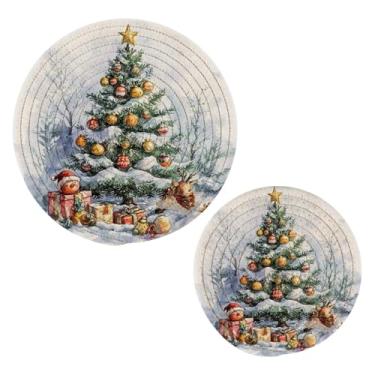 Imagem de Wassud Conjunto de trivet de árvore de Natal em aquarela para pratos quentes, suportes redondos de algodão, almofadas quentes, porta-copos elegantes, decoração de cozinha e acessórios, 2 peças