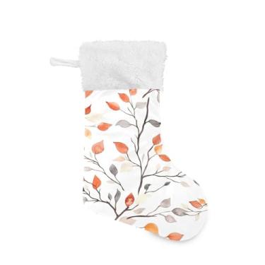 Imagem de Wassud Meia de Natal fofa com punho branco, folhas e galhos de outono, 45,7 cm, grande, para decoração de lareira e cornija, pacote com 2