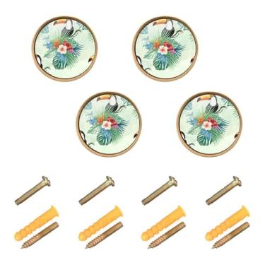 Imagem de Burbuja Puxadores de armário de cozinha de hibisco Toucans, pacote com 4, puxadores redondos de 3,5 cm, puxadores de cômoda com parafusos para armários de cozinha, quarto, armário