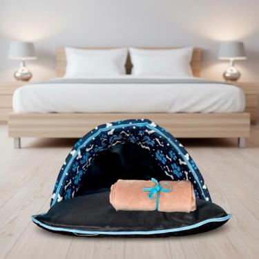 Imagem de Kit 2 Peças Cama Pet Téo Iglu Médio 70cm x 45cm Toca e Saco de Dormir 2 em 1 Impermeável (Azul e Avelã)