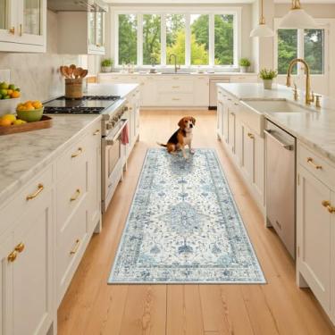 Imagem de RELEANY Tapetes de área adequados a vácuo, 6 x 15 cm, lavável na máquina, antiderrapante, estampa floral, vintage, estampa de angústia, tapete medalhão para sala de estar, quarto, azul tijolo, azul