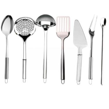 Imagem de Kit 7 Utensílios Inox Colher Escumadeira Concha Espatula Colher Suco Espatula Bolo Garfo Trinchante(7)