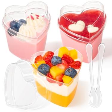Imagem de TOFLEN Pacote com 100 copos de sobremesa em forma de coração com tampas e colheres, mini copos de plástico atirador de 142 g para parfait, pudim, frutas, cheesecake, mousse, gelatina, iogurte