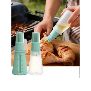 Imagem de 2 pincéis de silicone para garrafa de óleo de 62 g, pincéis para churrasco e pastelaria, grelha de cozimento de silicone, óleo de pastelaria, mel, pincel de garrafa de molho (verde sólido + verde)