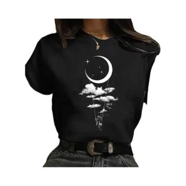 Imagem de Camiseta Gráfica De Cartoon Da Lua Dos Anos 90 Harajuku Preta Para Mul