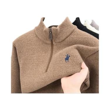 Imagem de Suéter Masculino De Tricô Grosso De Lã De Vison Com Meio Zíper E Gola 