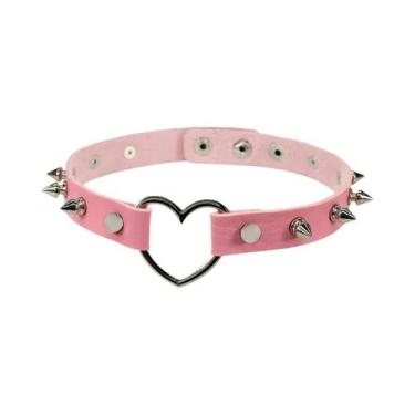Imagem de Colar Choker De Couro PU Rosa Com Pingente De Metal Punk E Franjas Par