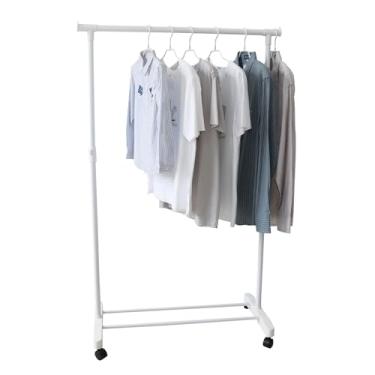 Imagem de YUBELLES Escorredor de roupas com rodas, haste padrão simples organizador de lavanderia de metal, 86 cm de largura com prateleira inferior para pendurar roupas, casacos, saias, branco