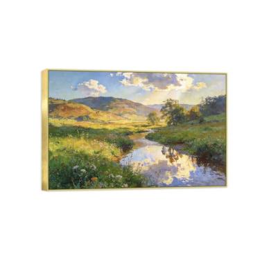 Imagem de Quadro dourado arte de parede paisagem impressões em tela - árvore rio flores - pintura de decoração - imagens para quarto 60 x 90 cm 24 x 35 pol