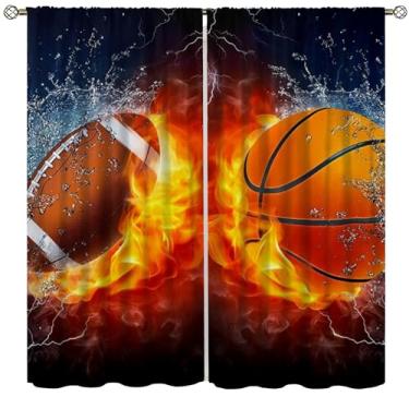 Imagem de wlsgdsg Cortinas esportivas para meninos, desenho 3D, chama, relâmpago, esportes, rúgbi, basquete, jogos, janelas, tratamentos, bolso para varão, para crianças, meninos, sala de estar, quarto, 106 x