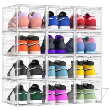 Imagem de Pacote com 12 organizadores de sapatos grandes para armário, caixa de armazenamento transparente empilhável de plástico rígido resistente e rígido para sapatos, expositor de sapatos com tampas, fácil