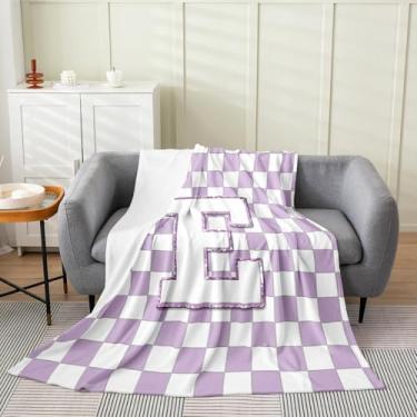 Imagem de Erosebridal Manta de lã com letra E inicial 127 x 152 cm, cobertor de flanela xadrez branco roxo xadrez monograma personalizado para crianças, meninas, mulheres, decoração estética para sofá de cama