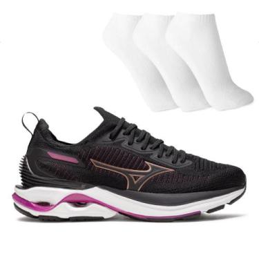 Imagem de Tênis Mizuno Wave Mirai 7 Feminino + 3 Pares de Meias, Preto, Rosa, 34