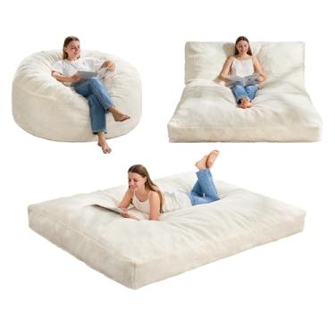 Imagem de Hobestluk Bean Bag Cadeira conversível Beanbag para adultos, pufe 3 em 1 com capa de pele sintética de pelúcia, cadeira de pufe adulto para sala de estar, quarto (branco, Queen)