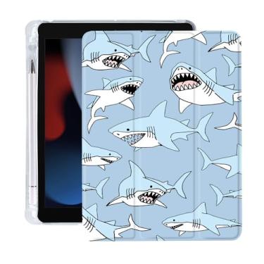 Imagem de Capa fofa e legal tubarão para iPad Air de 11 polegadas 7ª/6ª geração (M3/M2) 2025/2024 com suporte para lápis, hibernar/despertar automático, capa traseira de TPU macio de couro azul