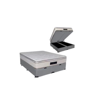 Imagem de Cama Box Baú Queen Suede + Colchão Cloud Pillow Top Molas Ensacadas Luckspuma 158x198x74 Cor:cinza