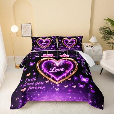 Imagem de QOOMO Conjunto de edredom solteiro com coração romântico, roxo, 3 peças, estampa de borboleta, com 2 fronhas, microfibra leve para todas as estações