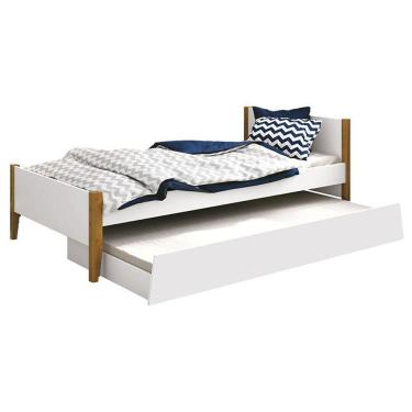 Imagem de Cama Solteiro Com Auxiliar Simba Branco Acetinado Com Pés Madeira - Reller