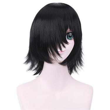 Imagem de Peruca de cosplay preta genérica, cabelo curto em camadas, 45 cm, resi