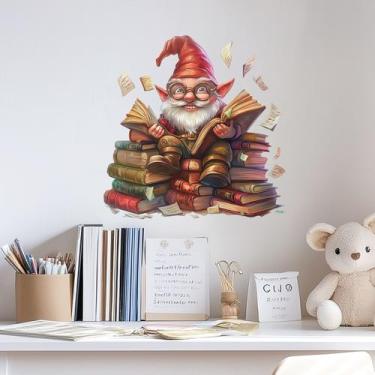 Imagem de Adesivos de parede Cartoon Gnome lendo livros em estilo de biblioteca 