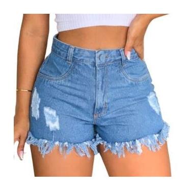 Imagem de Short Jeans Feminino Azul Cintura Alta Botão Coberto Zíper Barra Desfi