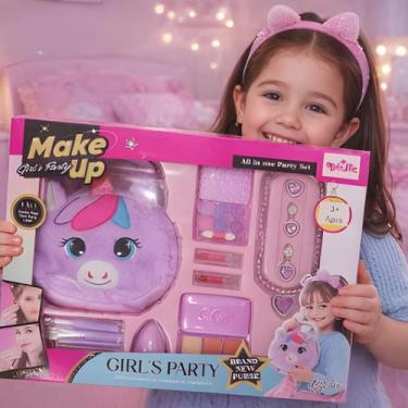 Imagem de Kit Maquiagem Infantil Bolsa Unicórnio Pelúcia Conjunto 4 Em 1 Menina 